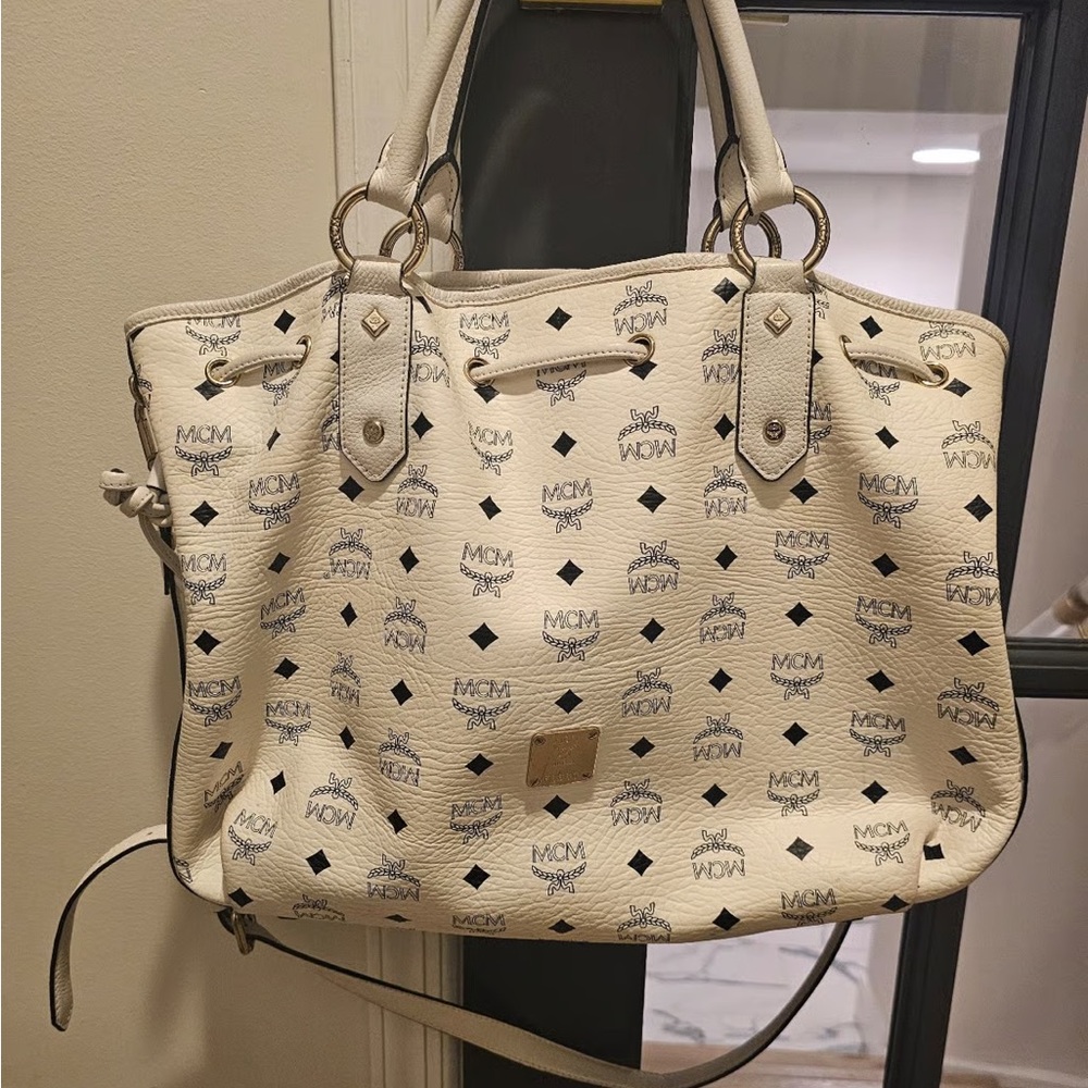 MCM Cream and Black Logo Clutch